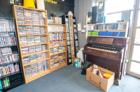 Shelves stocked with CD's and DVD